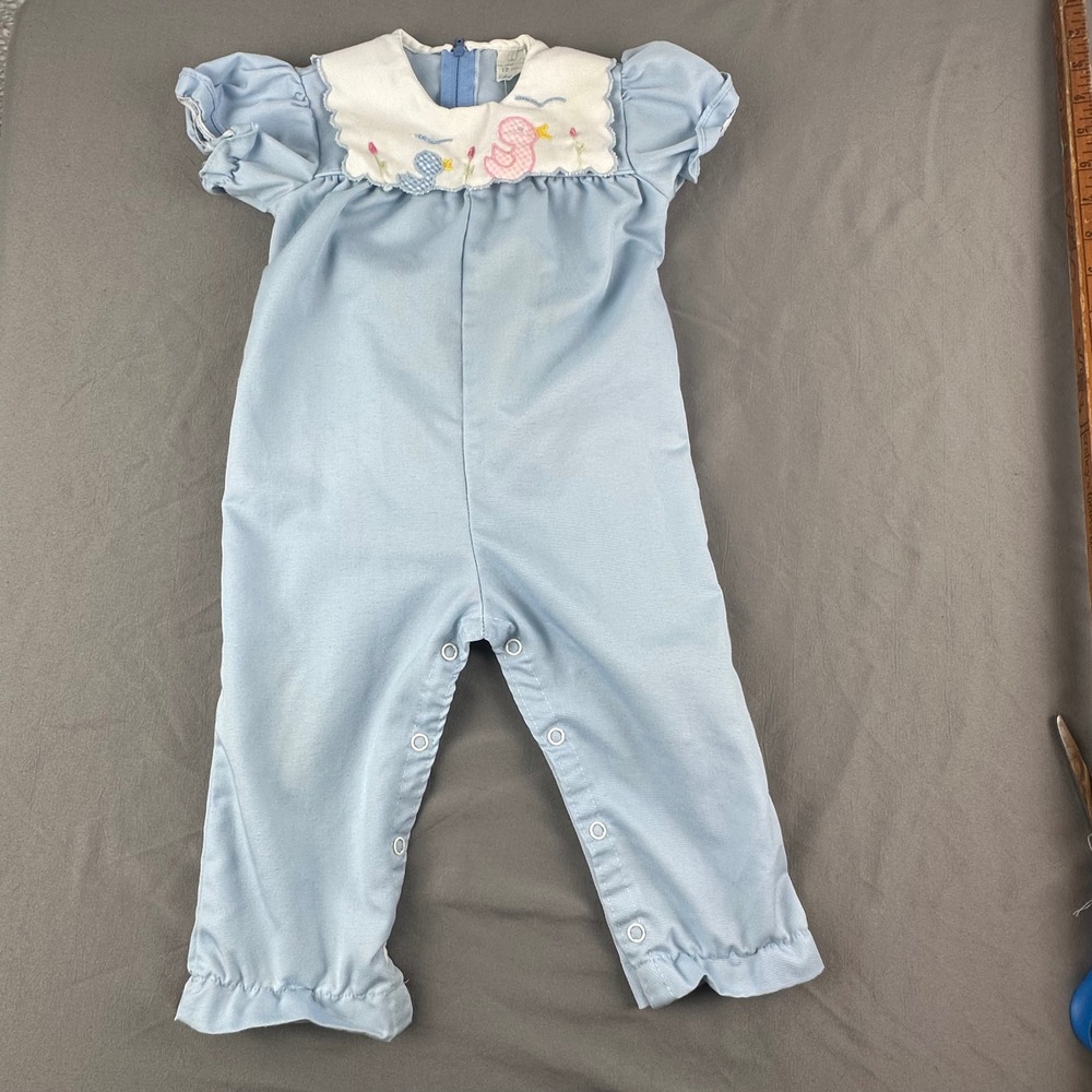 Vintage Baby Romper 12 Mo Blue Applique‎ Ducks Puff Sleeve Zipper One Piece
